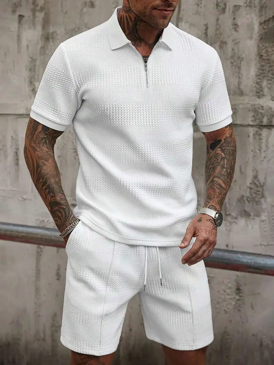 Mens Textured Half Zip Polo Shirt And Shorts Set Summer