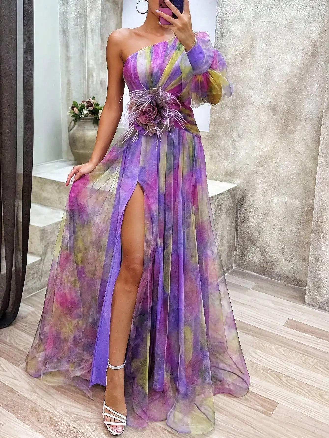 One-Shoulder Maxi Dress With 3D Feather Applique And High Slit