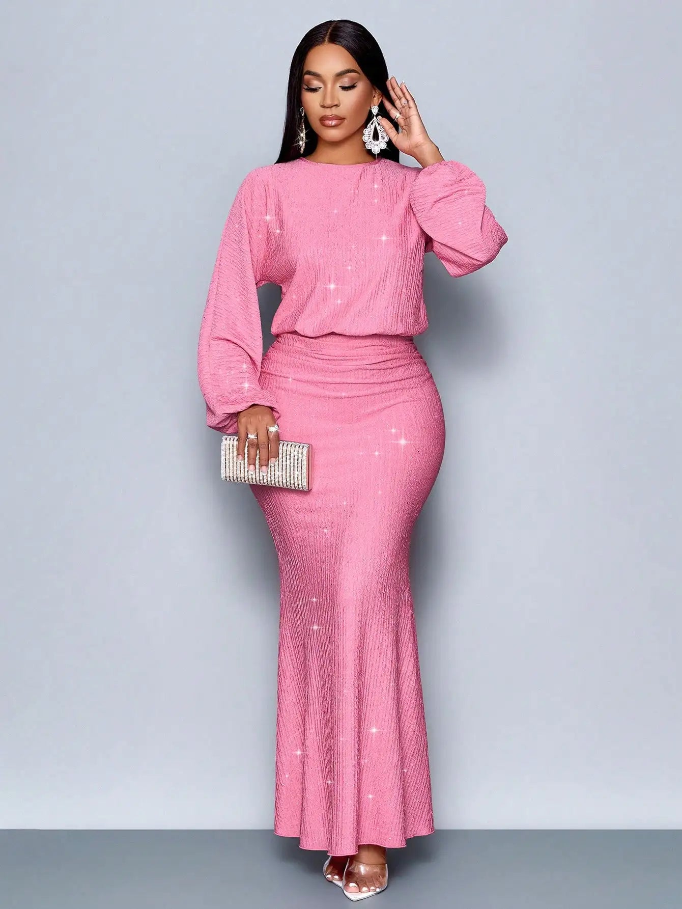 Mermaid Hem Bodycon Maxi Dress With Sequins And Puff Sleeves