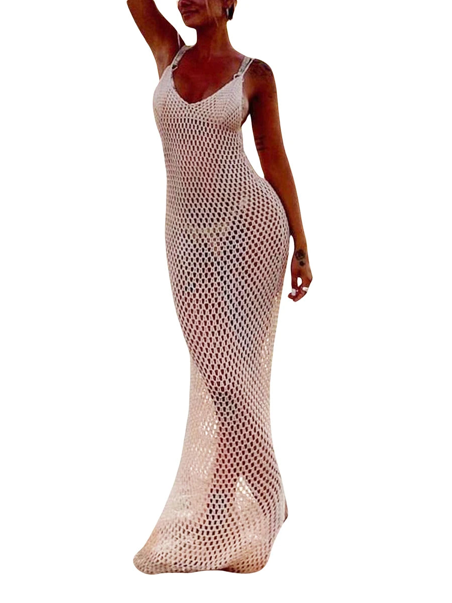 Women Crochet Cutout Backless Beach Cover Up Dress