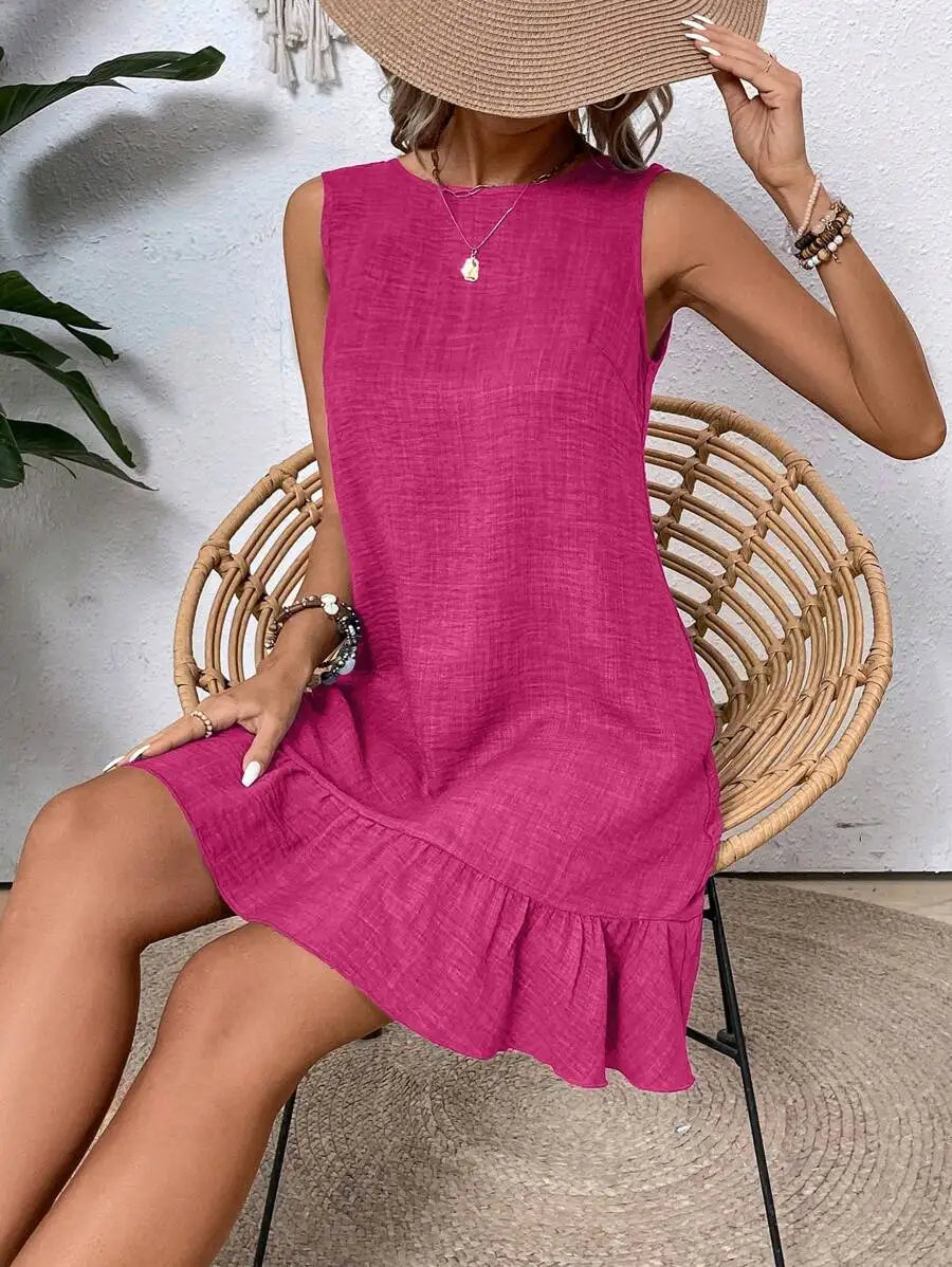 Solid Sleeveless Round Neck Dress With Ruffled Hem