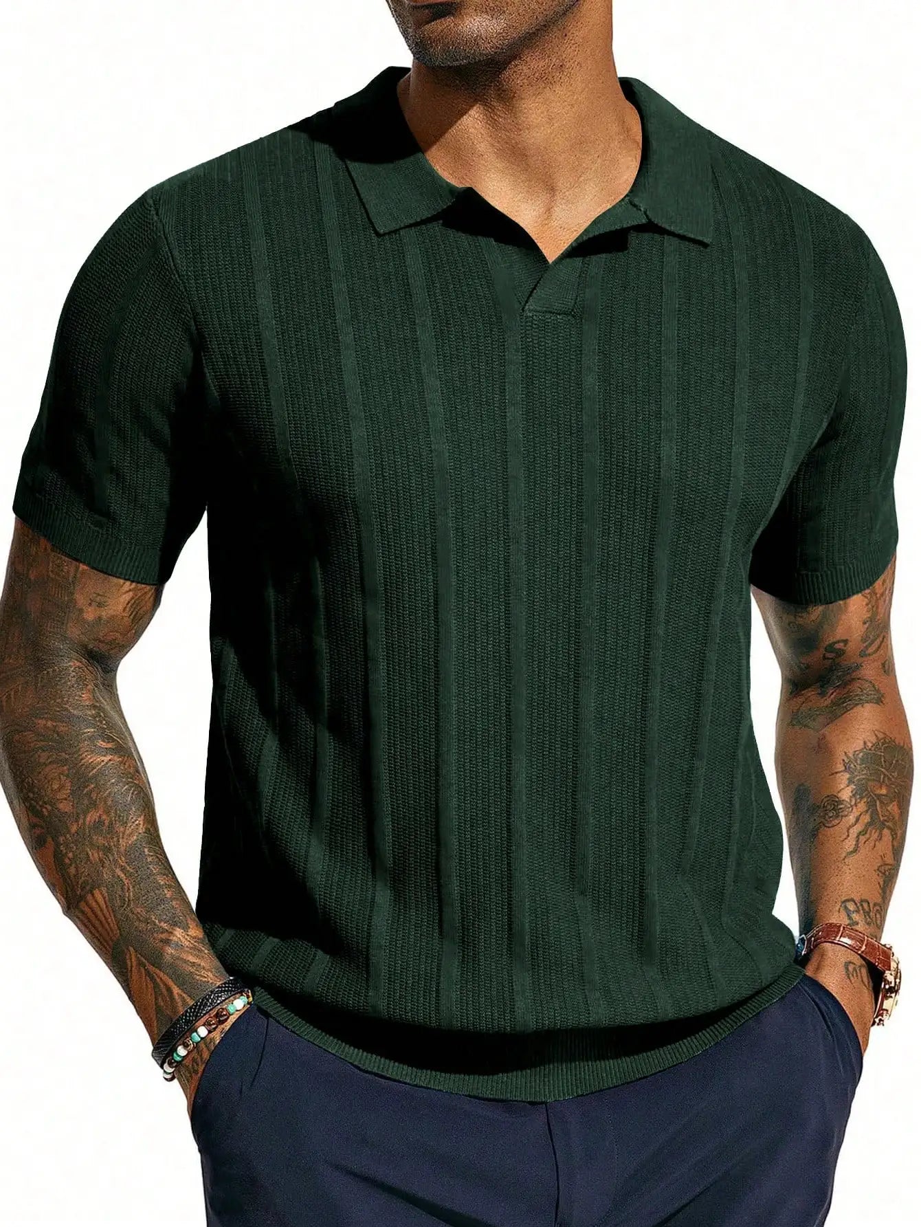 Men's Short-Sleeve Knitted Polo Shirt With Vertical Ribbed Texture