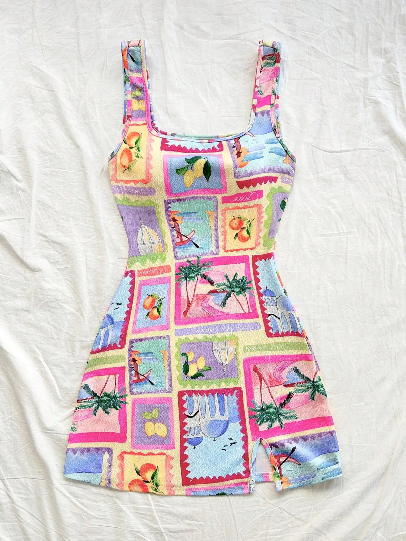 Women's Casual Ocean Life Print Backless Slit Hem Mini Dress