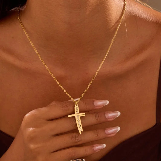 Cross Pendant Necklace Stainless Steel Zircon Chain for Women