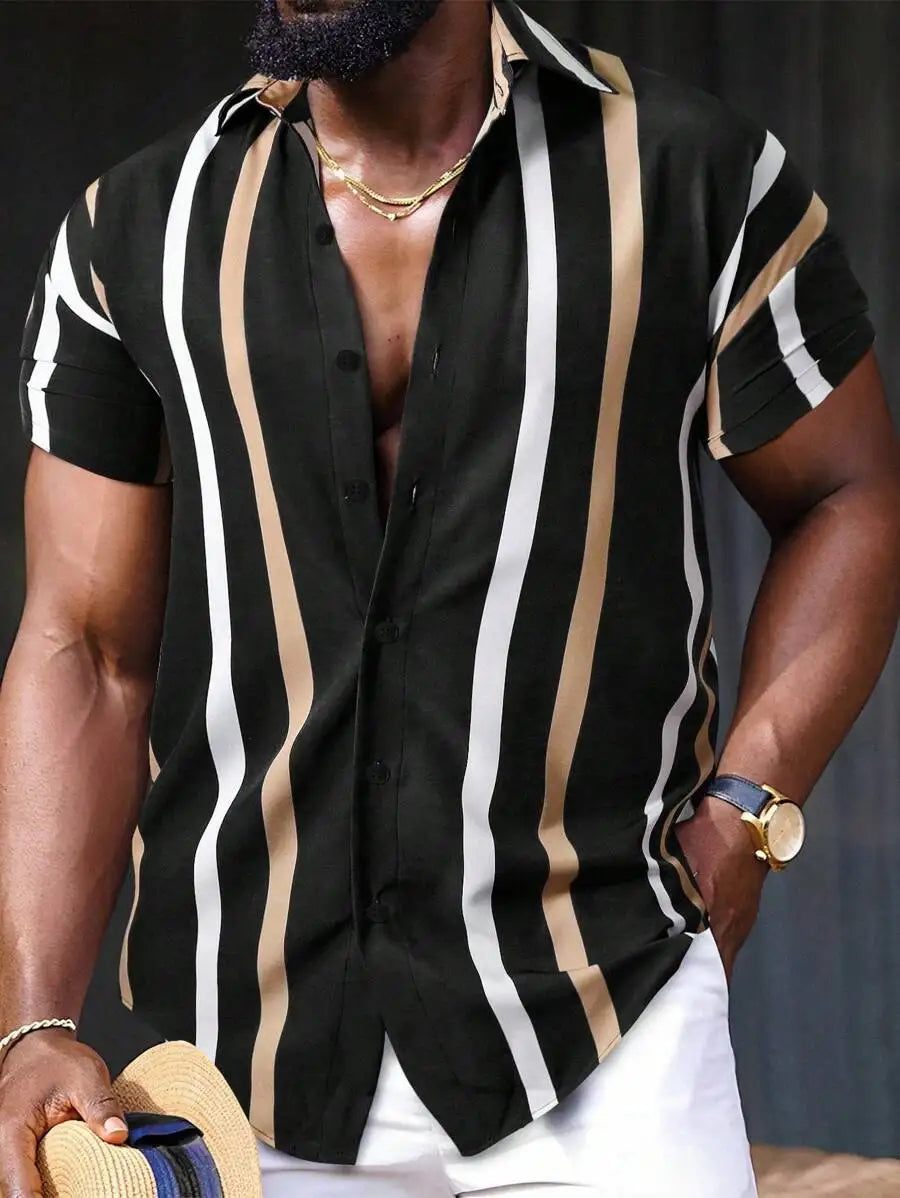 Vertical Stripe Short Sleeve Button Up Shirt Casual Summer