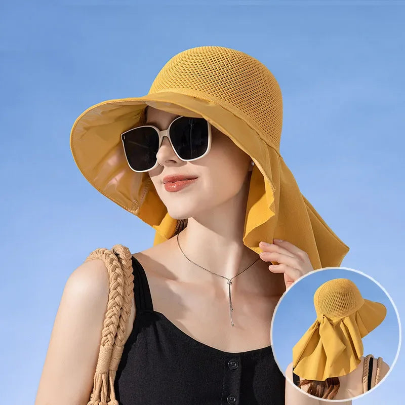 Summer Women Bucket Hat Shawl Mesh Face Neck Sun Protection