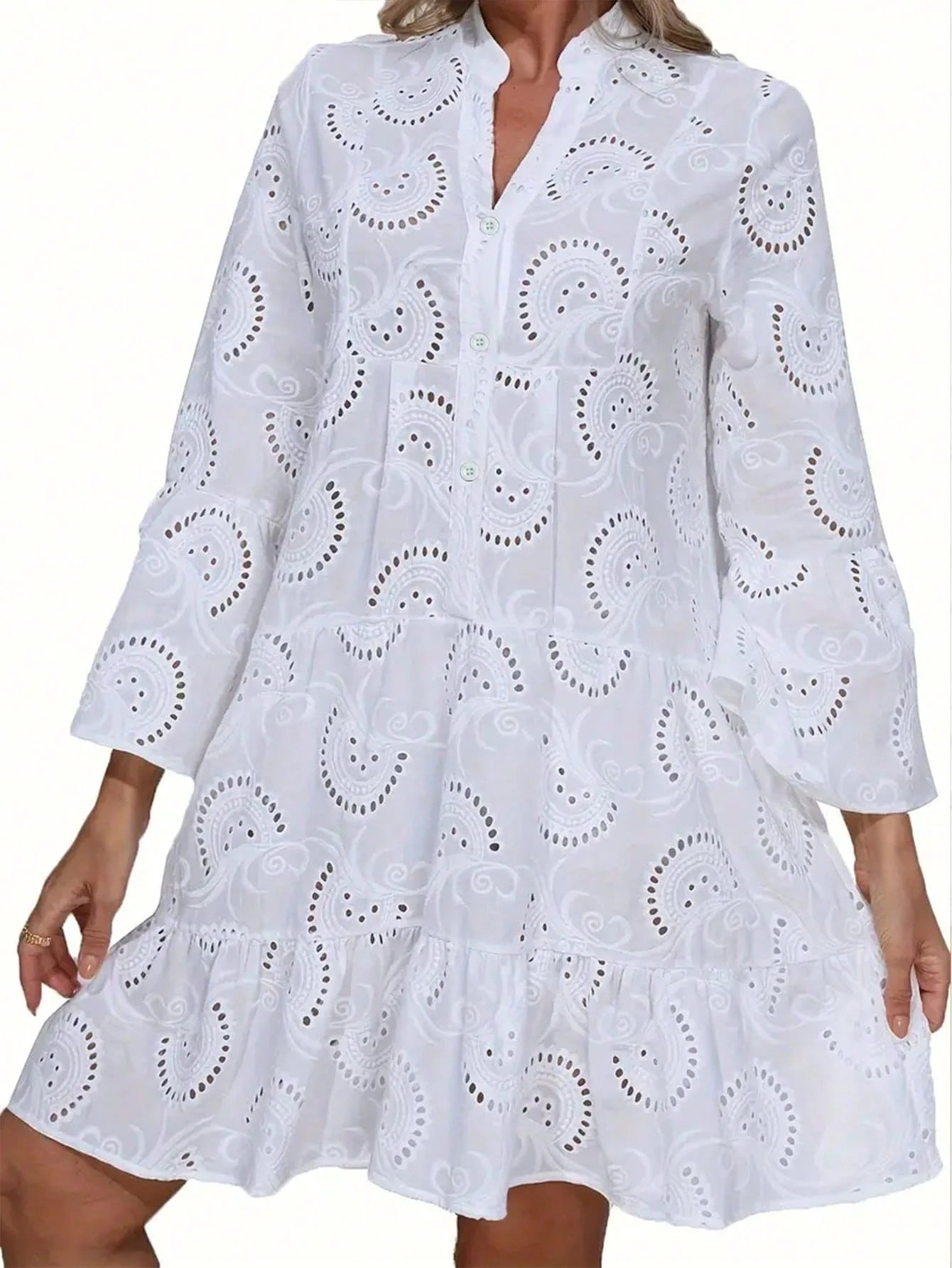 Eyelet Lace Puff Sleeve Tiered Dress For Beach Vacation And Daily Wear