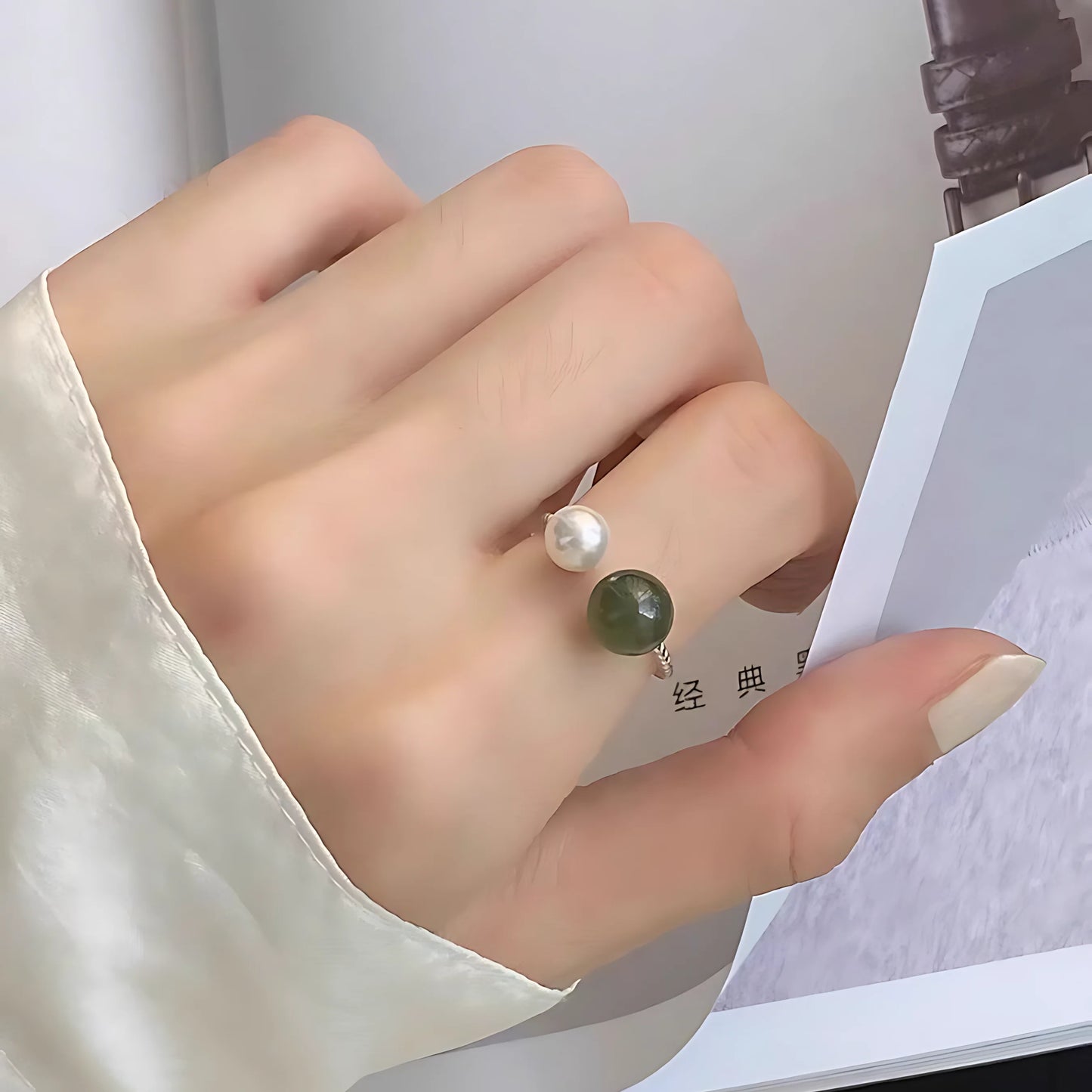 Sterling Silver Hotan Jade Geometric Ring For Women