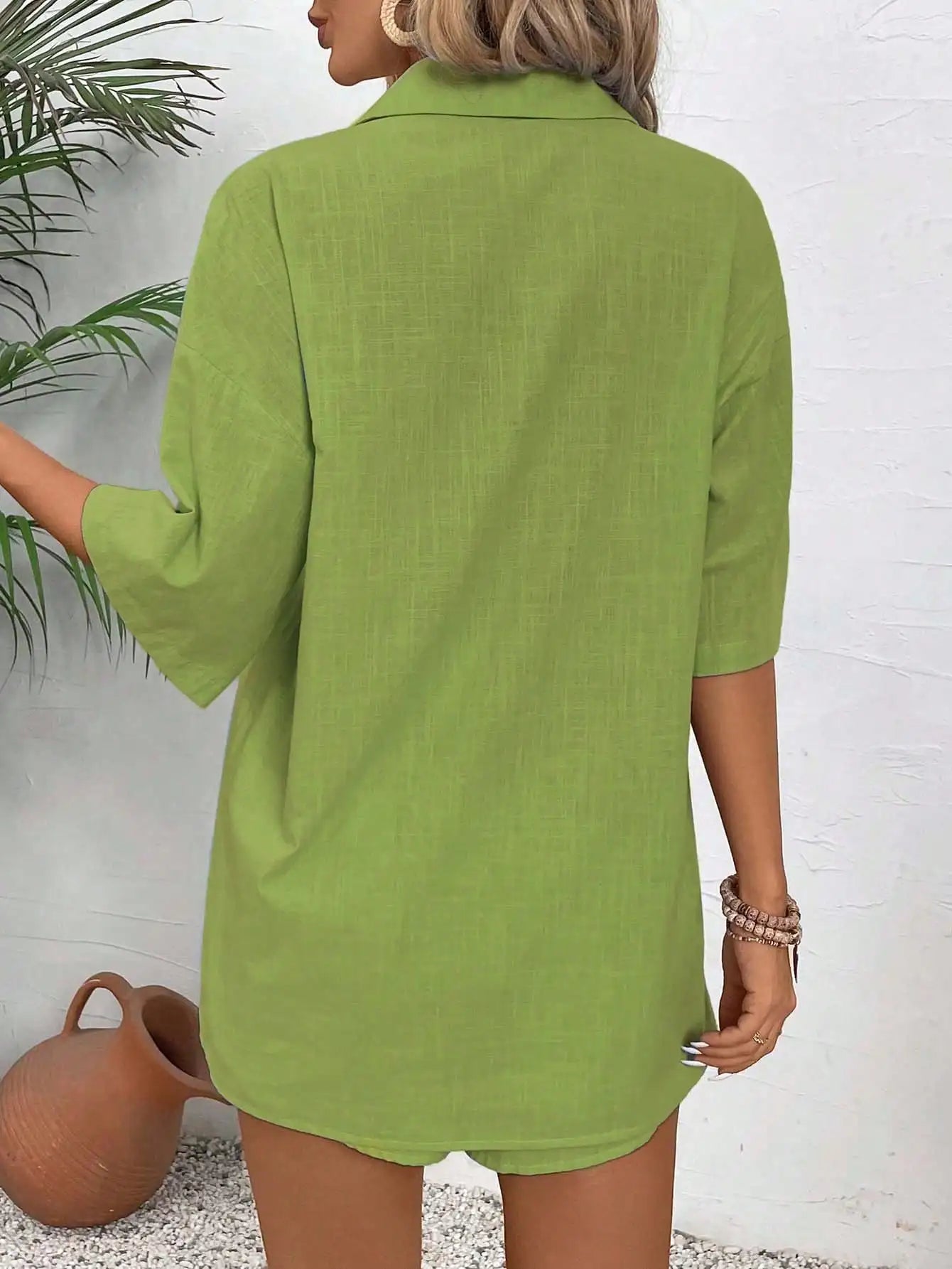Two Piece Button Front Shirt And Drawstring Shorts Set