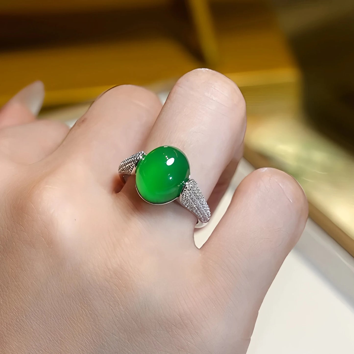 Sterling Silver Hotan Jade Geometric Ring For Women