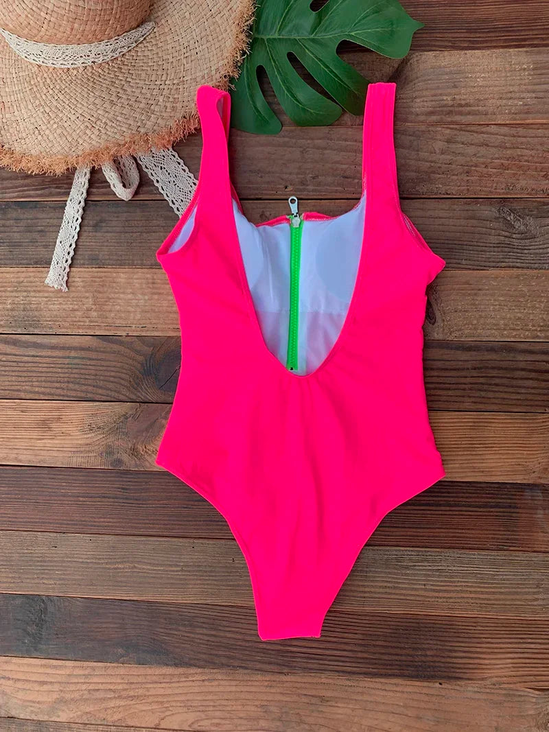 Front Zip Up One Piece Swimsuit Monokini Backless Beachwear Women