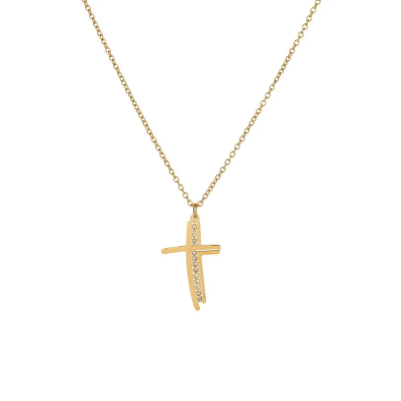 Cross Pendant Necklace Stainless Steel Zircon Chain for Women