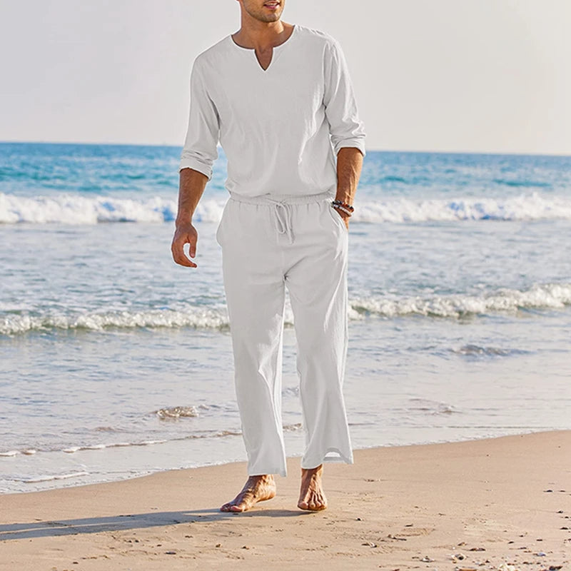Men's Summer Loungewear Set Polyester Spandex Henley Shirt Pants