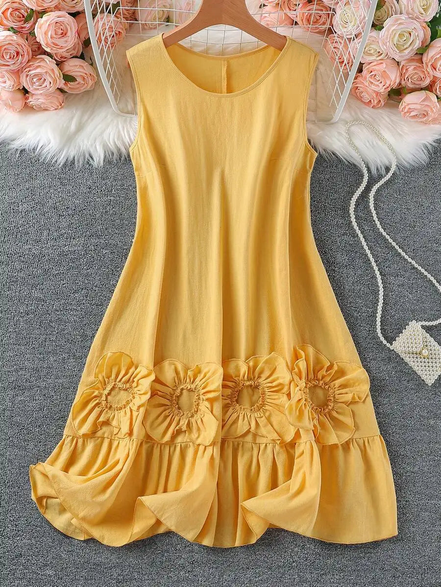 Sleeveless Round Neck Cotton Dress With 3D Floral Ruffles
