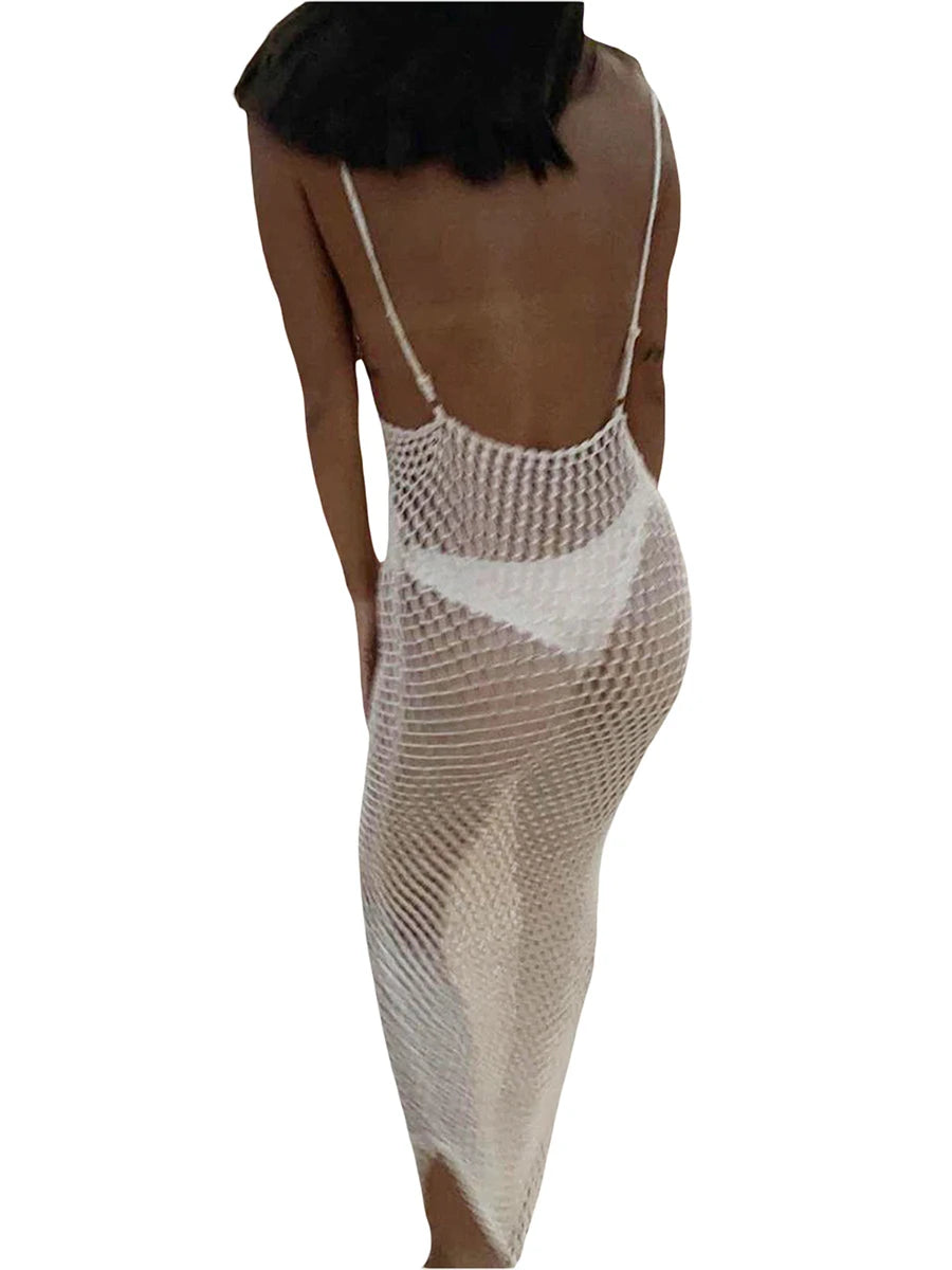 Women Crochet Cutout Backless Beach Cover Up Dress