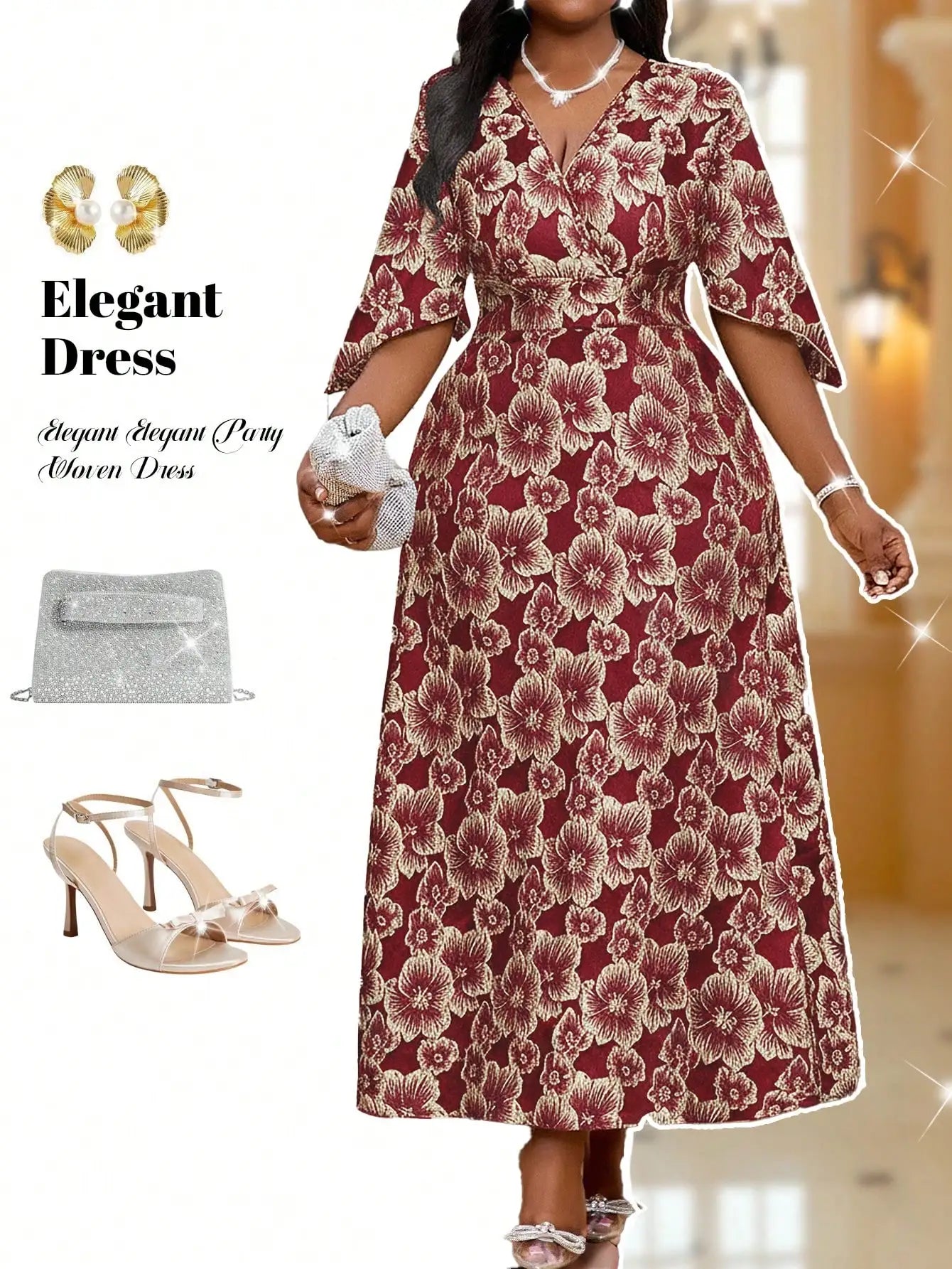 V-Neck Floral Embroidered Midi Dress for Party and Christmas