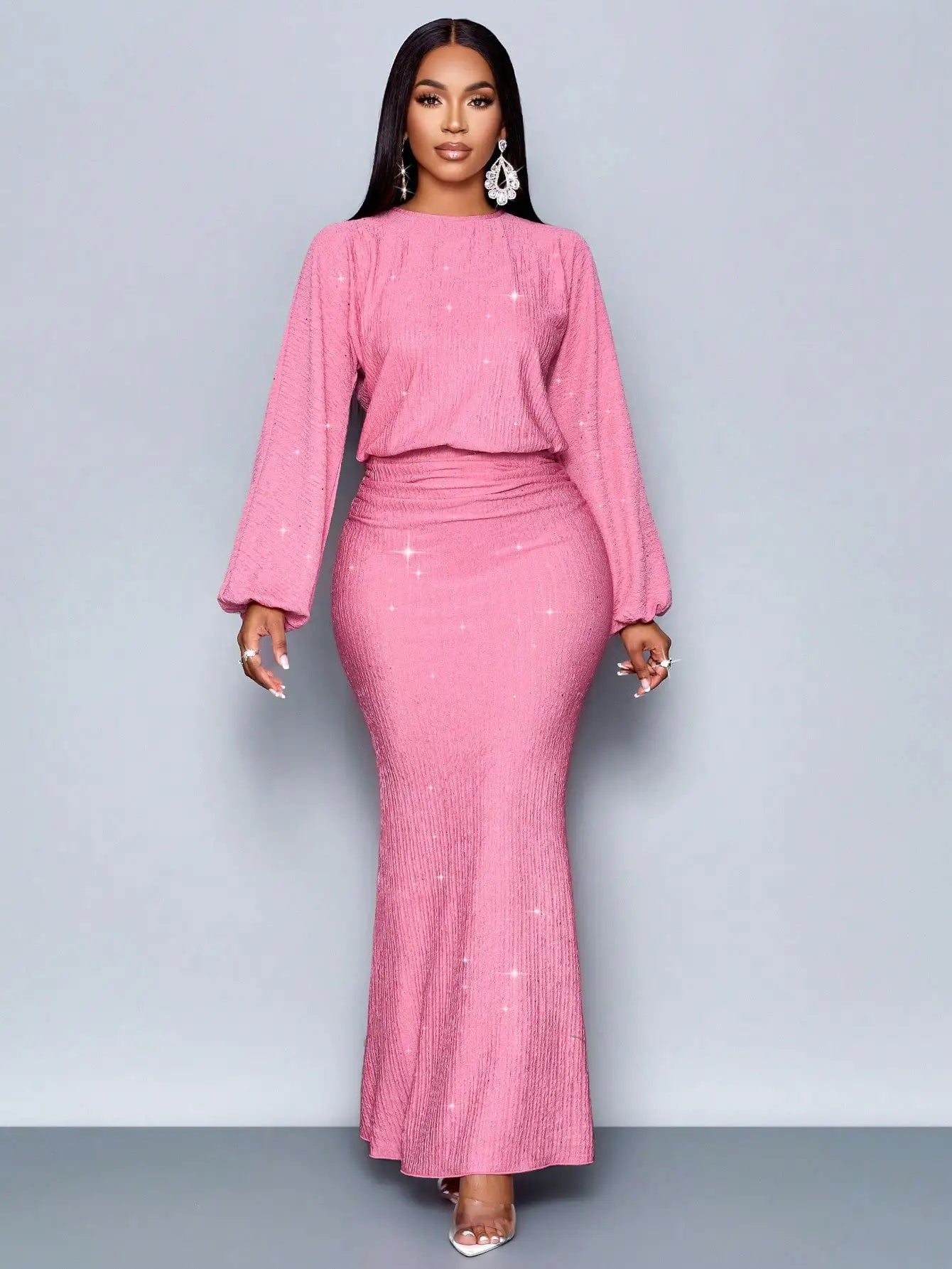 Mermaid Hem Bodycon Maxi Dress With Sequins And Puff Sleeves