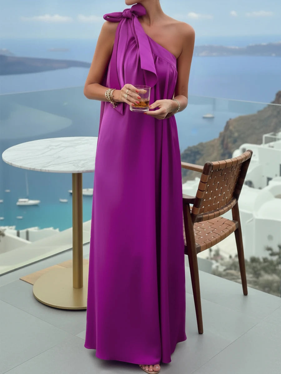 One-Shoulder Draped Maxi Dress For Evening And Resort Wear