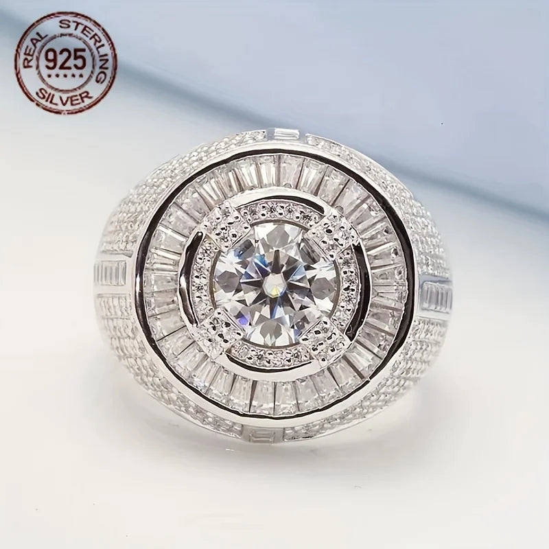 Sterling Silver Circular Baguette Solitaire Ring For Men