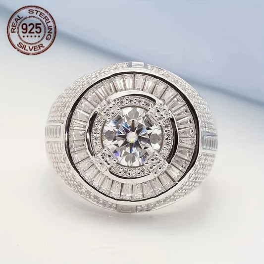 Sterling Silver Circular Baguette Solitaire Ring For Men