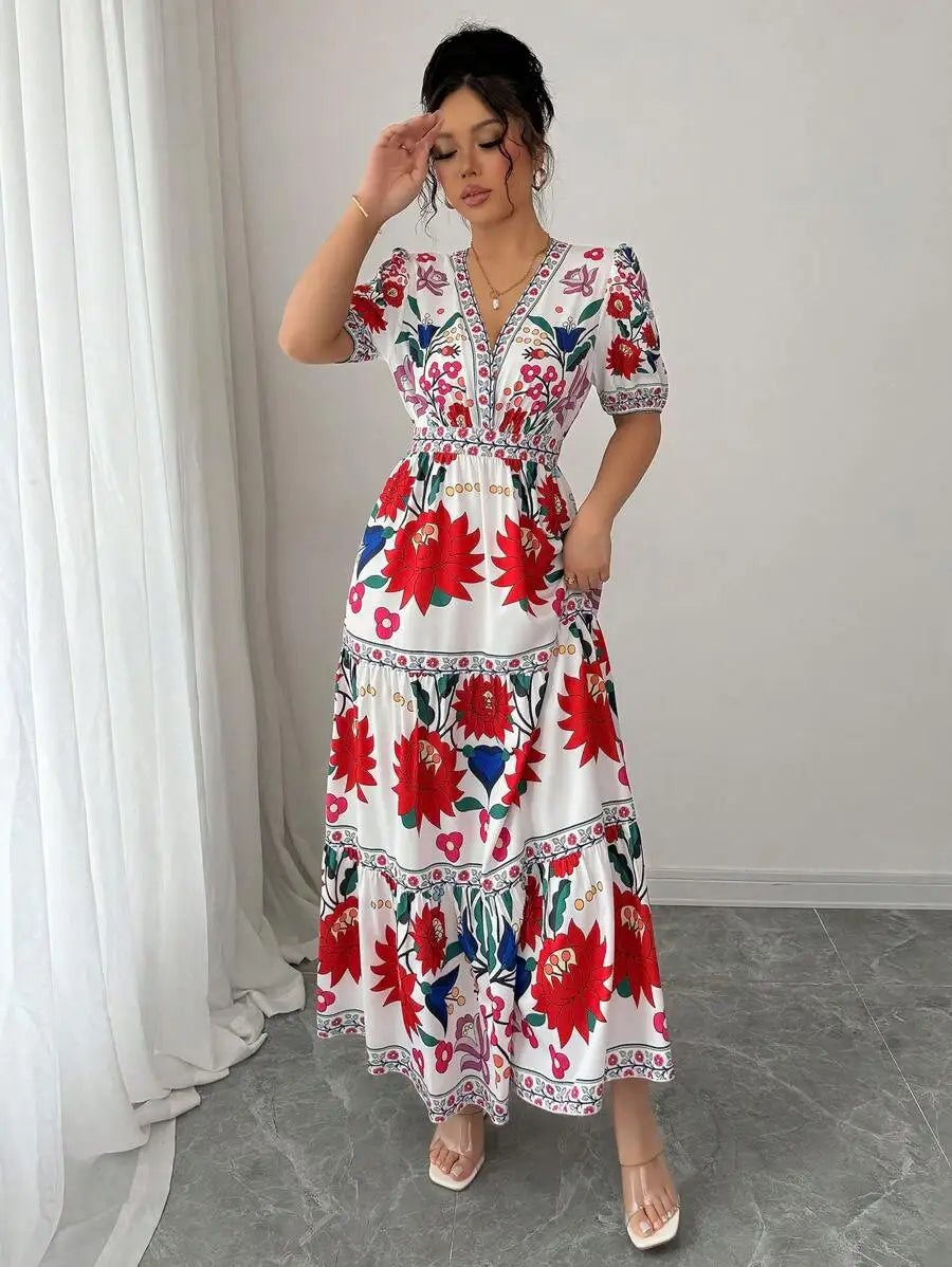 Floral V Neck Maxi Dress With Puff Sleeves For Holiday