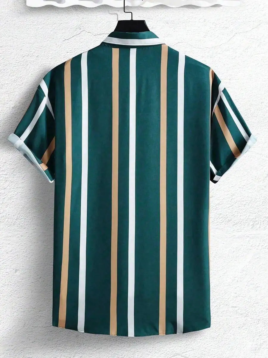 Vertical Stripe Short Sleeve Button Up Shirt Casual Summer
