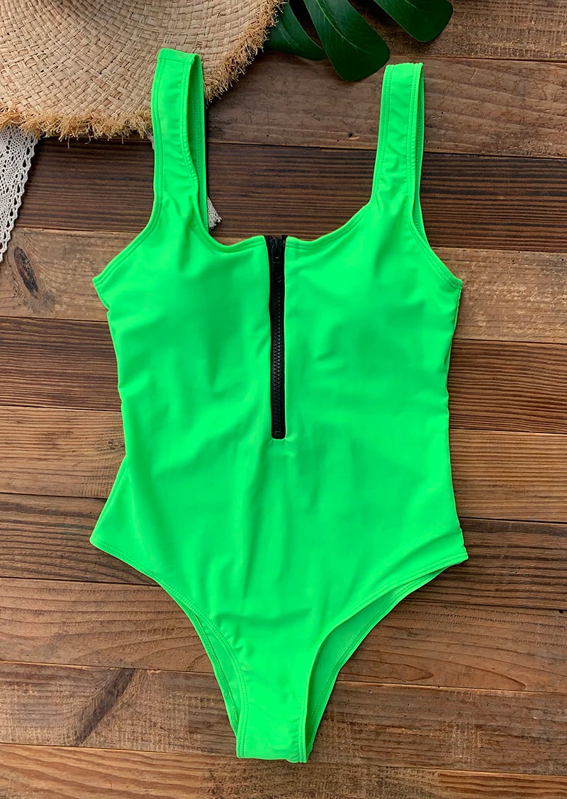 Front Zip Up One Piece Swimsuit Monokini Backless Beachwear Women