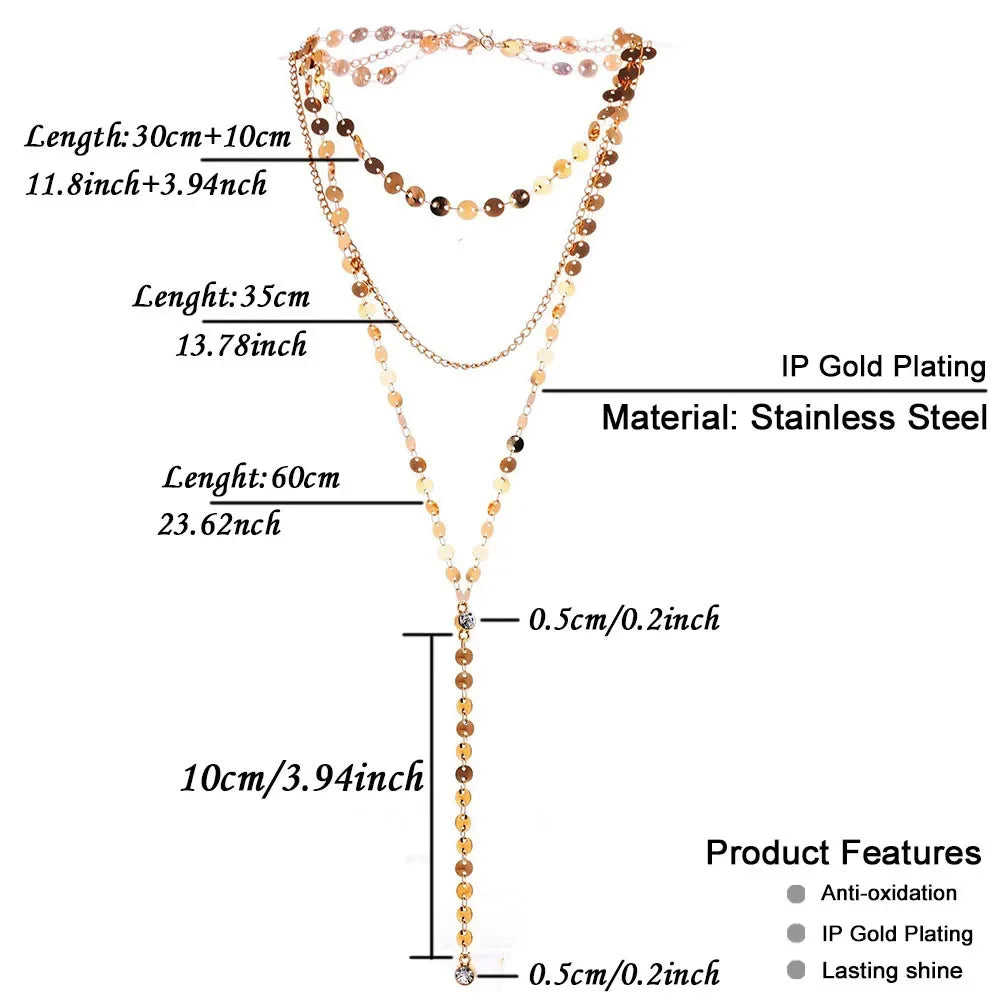 Stainless Steel Multilayer Sequins Tassel Necklace For Women Y Shape