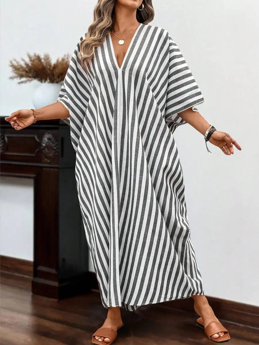 Loose Striped Linen V-Neck Batwing Sleeve Maxi Dress