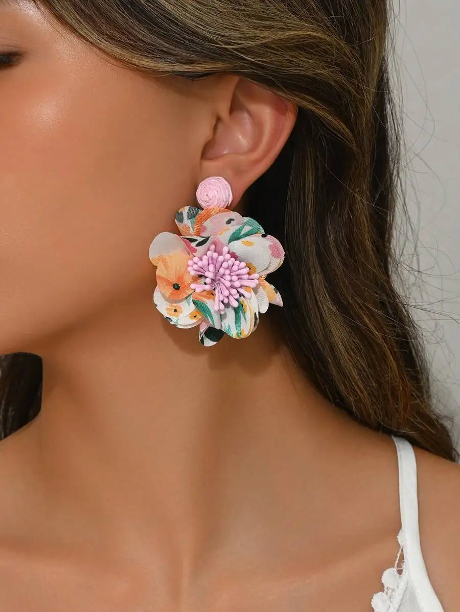 Floral Double Layer Stud Earrings Fabric Flower Design Beach Wear