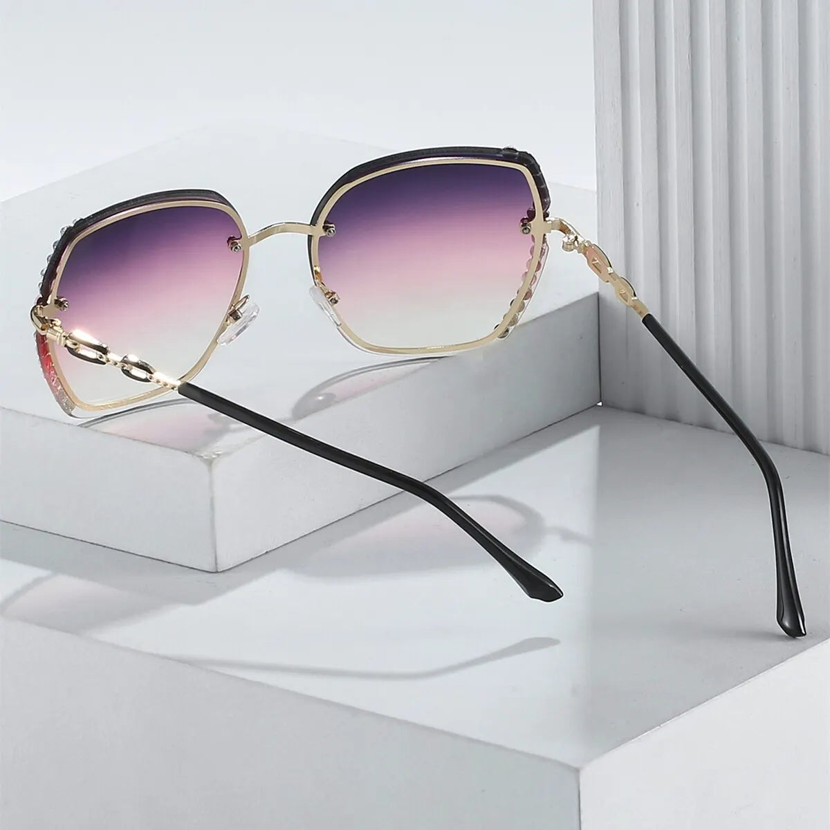 Rhinestone Rimless Fashion Sunglasses Women Men Gradient UV400 Protection