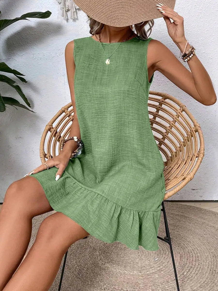 Solid Sleeveless Round Neck Dress With Ruffled Hem