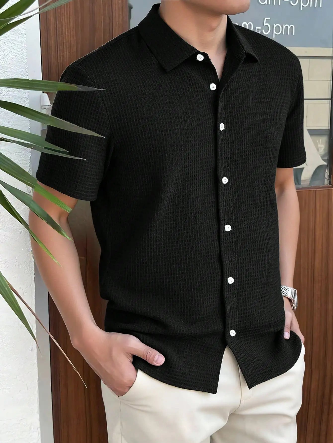 Men's Waffle Knit Short Sleeve Button Down Shirt Casual Spring