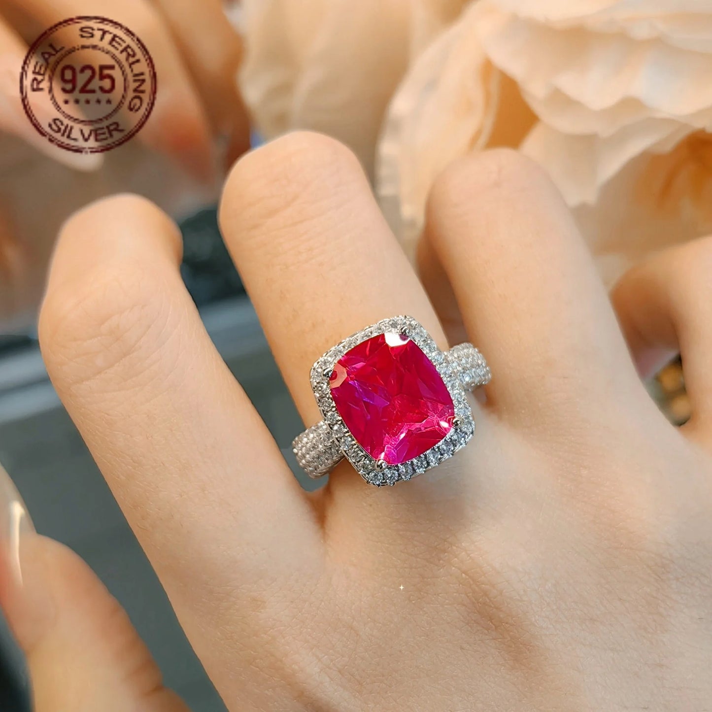 Silver Princess Cut Ruby Zircon Ring For Women