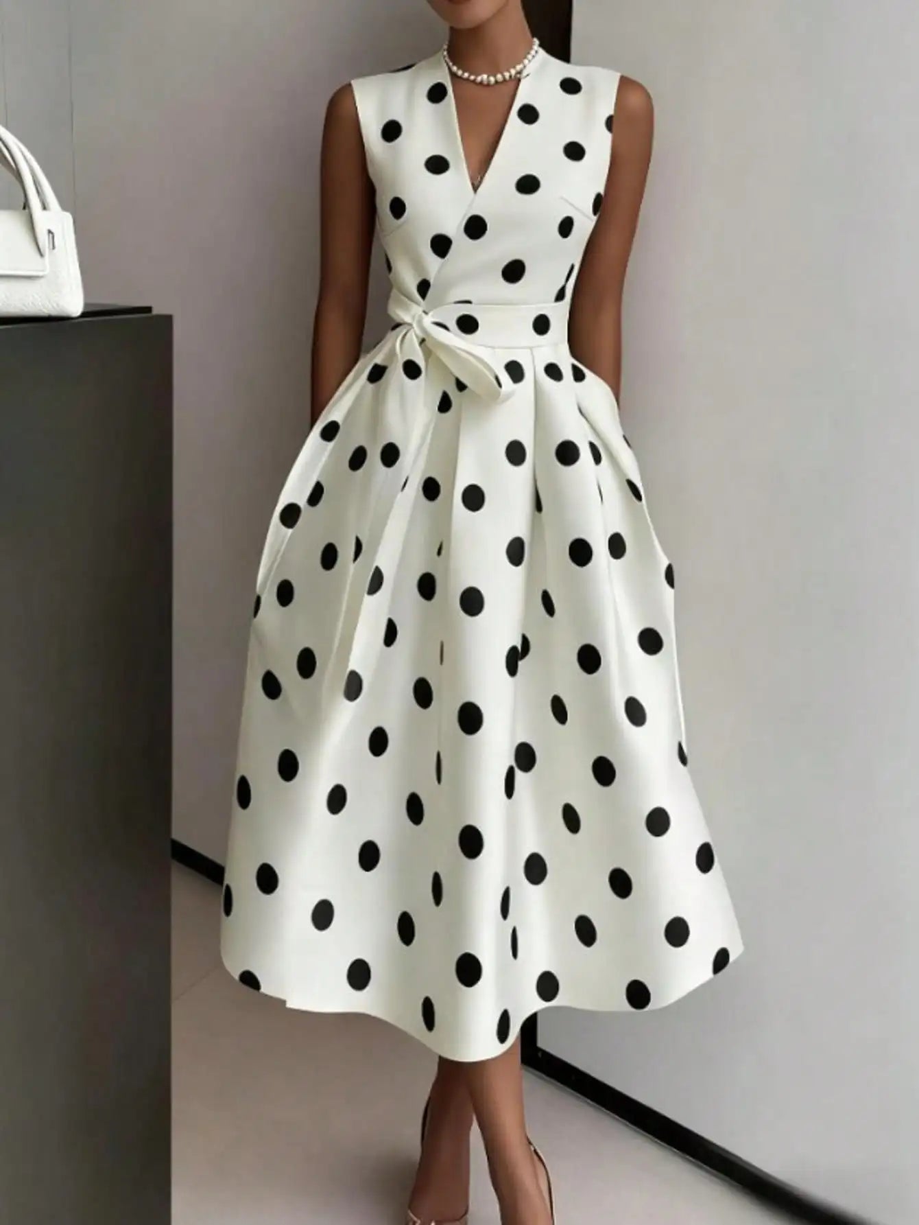 Polka Dot V Neck Sleeveless Wrap Dress With Waist Tie Midi