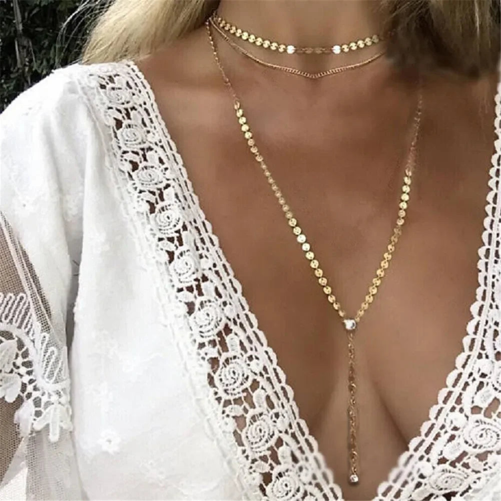Stainless Steel Multilayer Sequins Tassel Necklace For Women Y Shape