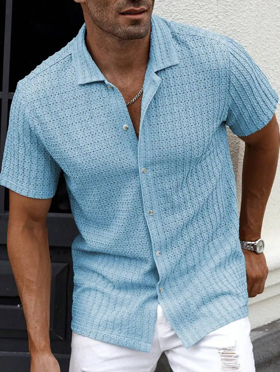 Men's Casual Short Sleeve Button-Down Shirt With Eyelet Texture