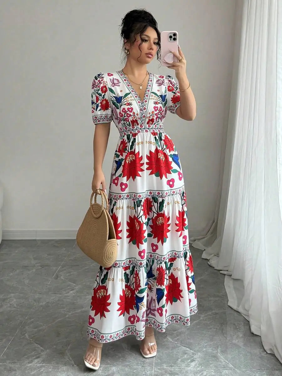 Floral V Neck Maxi Dress With Puff Sleeves For Holiday