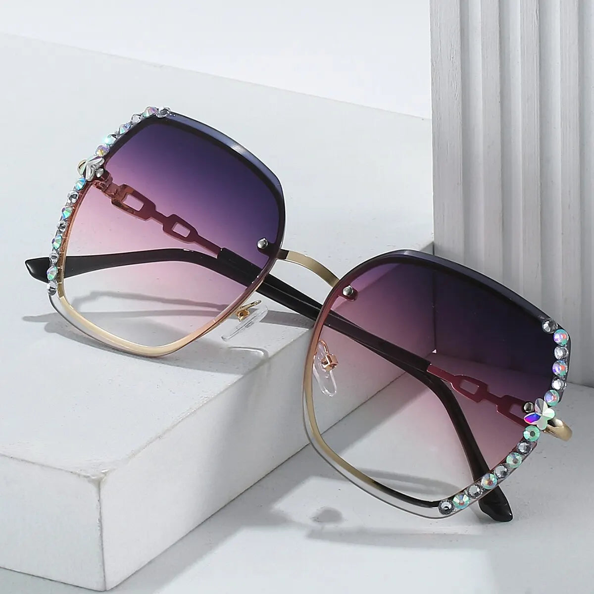 Rhinestone Rimless Fashion Sunglasses Women Men Gradient UV400 Protection