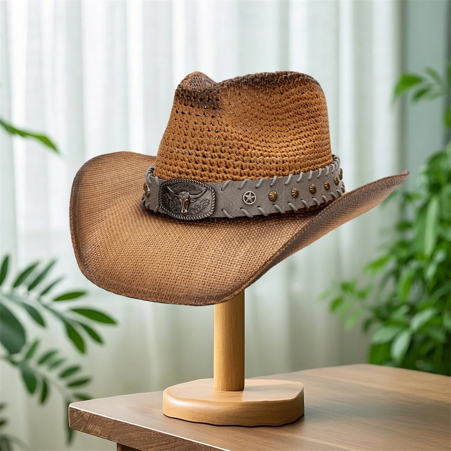 Breathable Wide Brim Straw Sun Hat Bull Head Belt Western