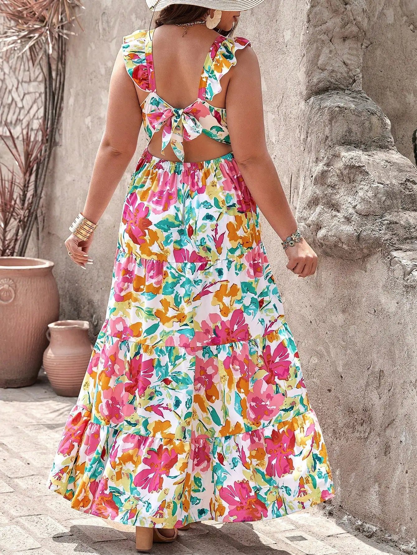 Boho Floral Tiered Backless Dress With Ruffle Straps For Summer Vacation