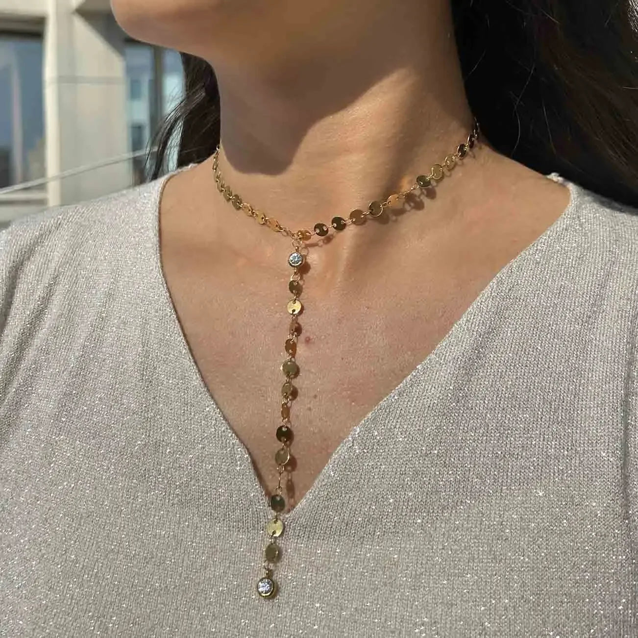 Stainless Steel Multilayer Sequins Tassel Necklace For Women Y Shape
