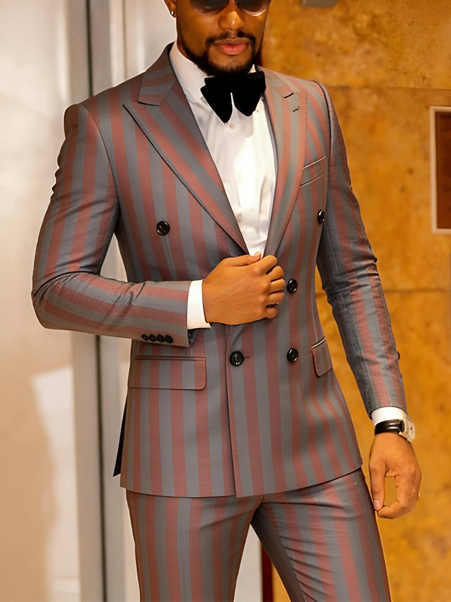 Mens Jacquard 2 Piece Suit Set Slim Fit Double Breasted Jacket Pants