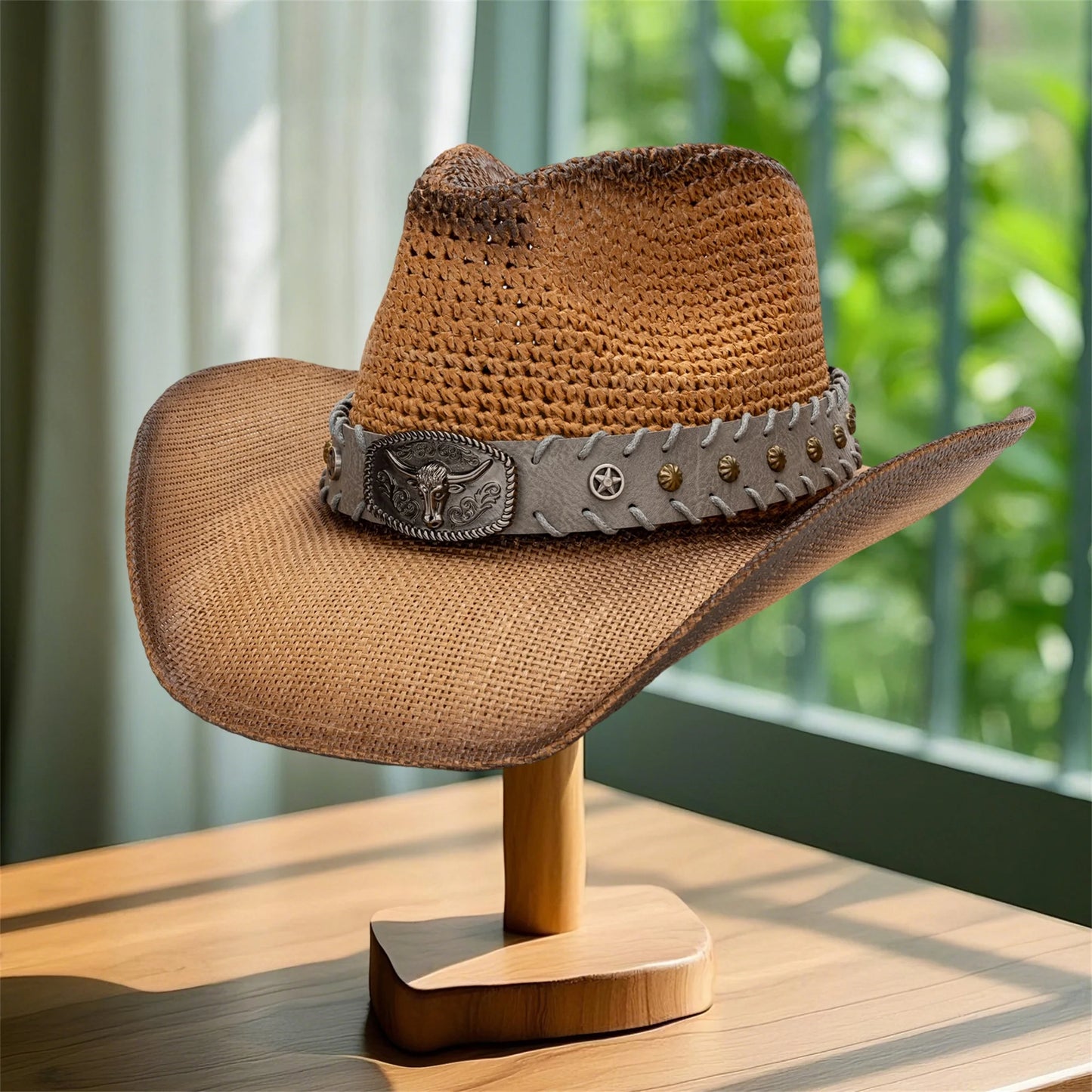 Breathable Wide Brim Straw Sun Hat Bull Head Belt Western