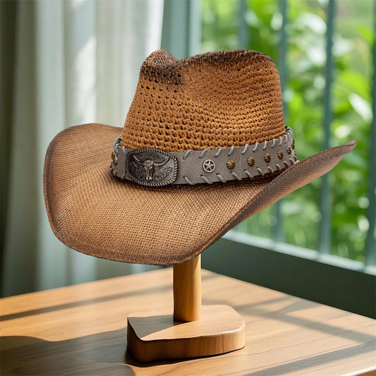 Breathable Wide Brim Straw Sun Hat Bull Head Belt Western