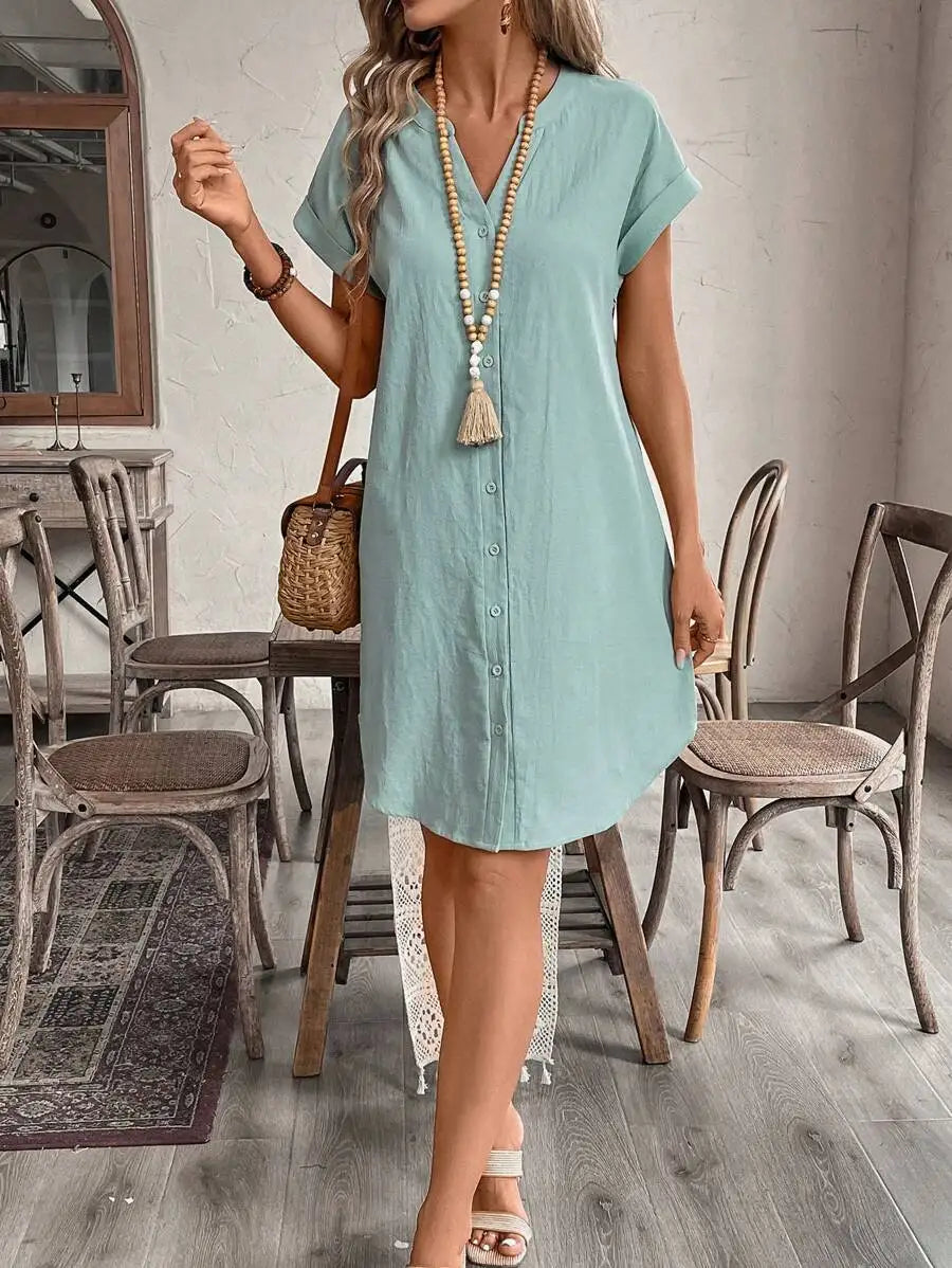 Women's Button Front Short Sleeve Mini Dress 100 Percent Cotton