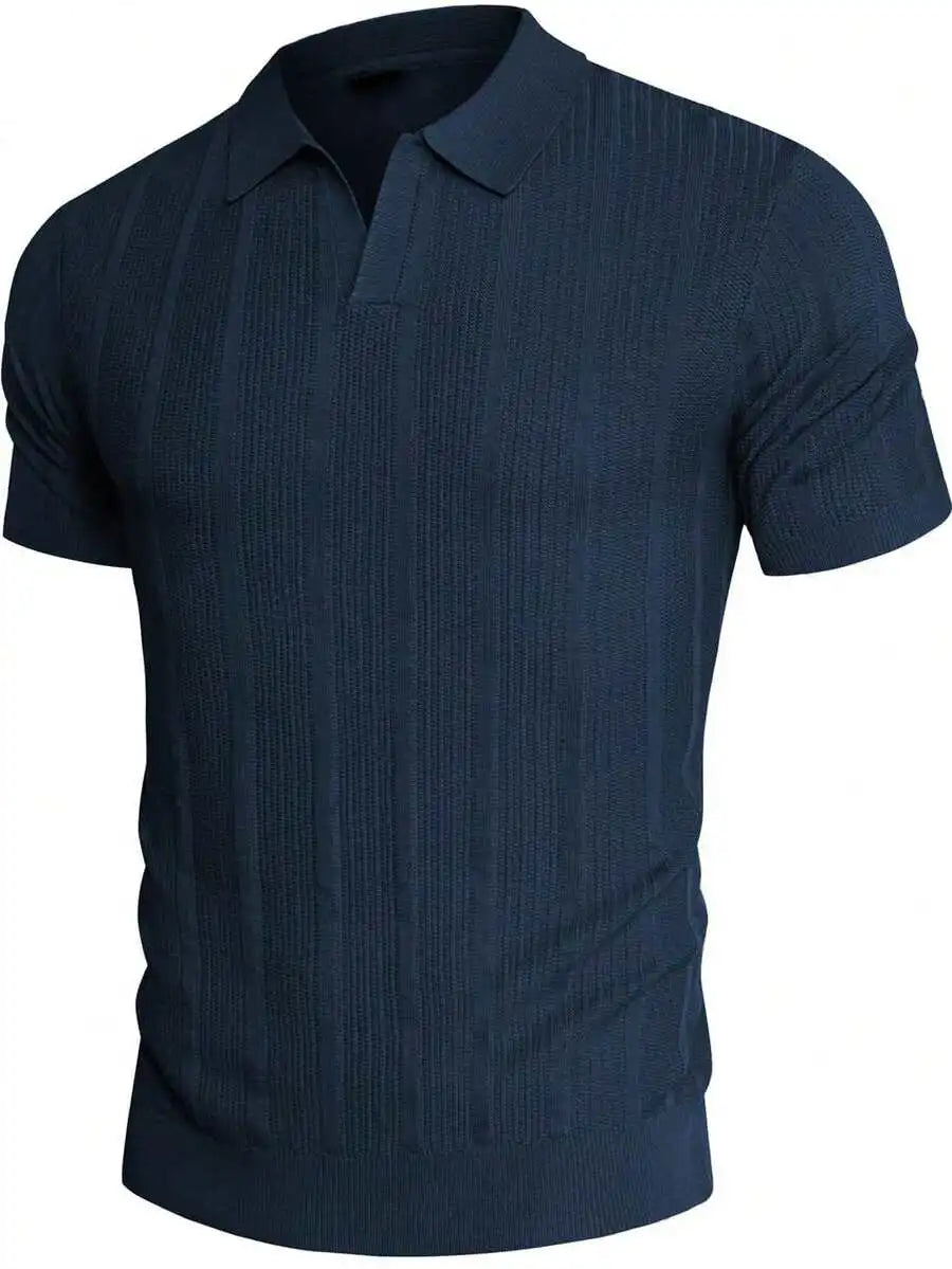 Men's Short-Sleeve Knitted Polo Shirt With Vertical Ribbed Texture