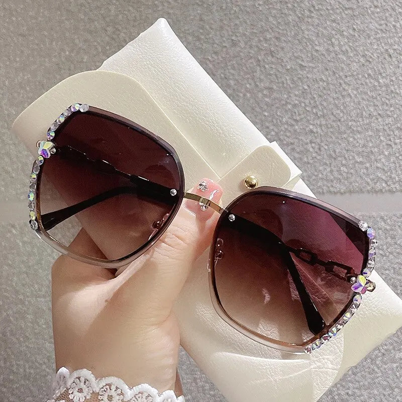 Rhinestone Rimless Fashion Sunglasses Women Men Gradient UV400 Protection