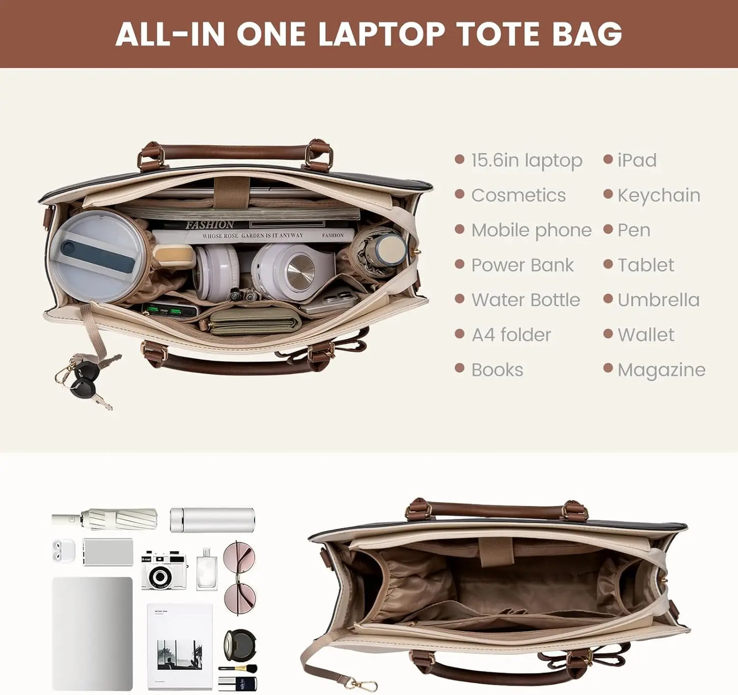 Waterproof PU Leather Laptop Tote for Women with Adjustable Strap