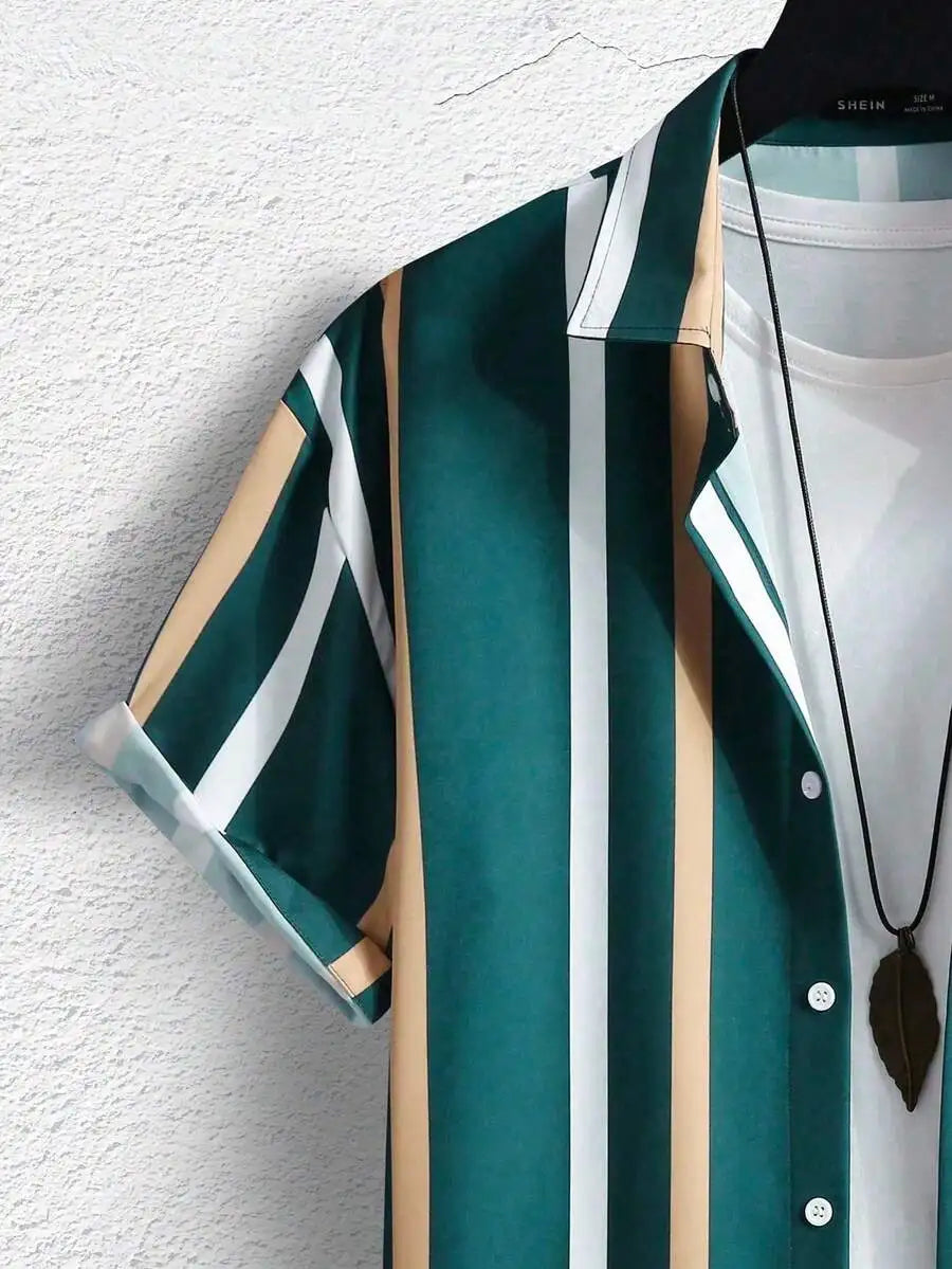 Vertical Stripe Short Sleeve Button Up Shirt Casual Summer